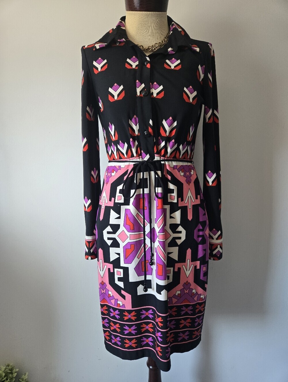 Muse Black Long Sleeve Knee Length Dress with Pink, Purple & White Geo Print
